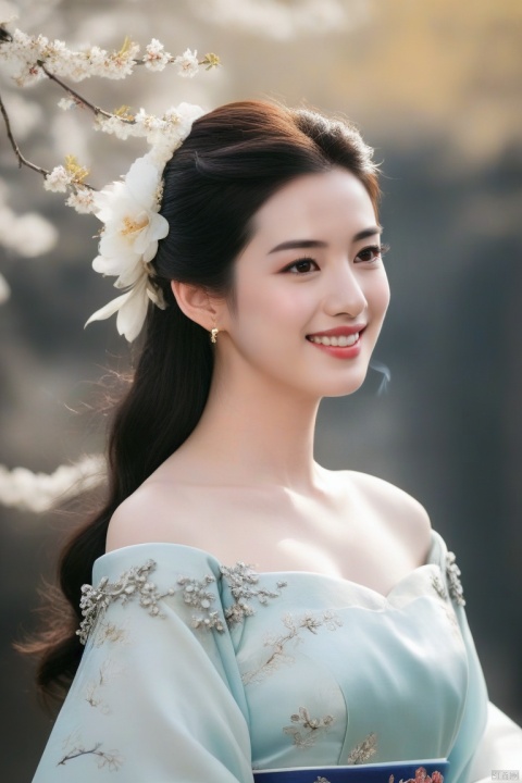  best quality, masterpiece,cowboy_shot,(Good structure),,a girl,xianjing,Off-the-shoulder, bust photo,upper body,Hanfu, Cloud, Smoke,branch,flower, smile,Gaze at the audience, Ink scattering_Chinese style, ((poakl)), ,looking_at_viewer,kind smile, , chinese dress,white dress, liuyifei,long_hair, Anne Hathaway