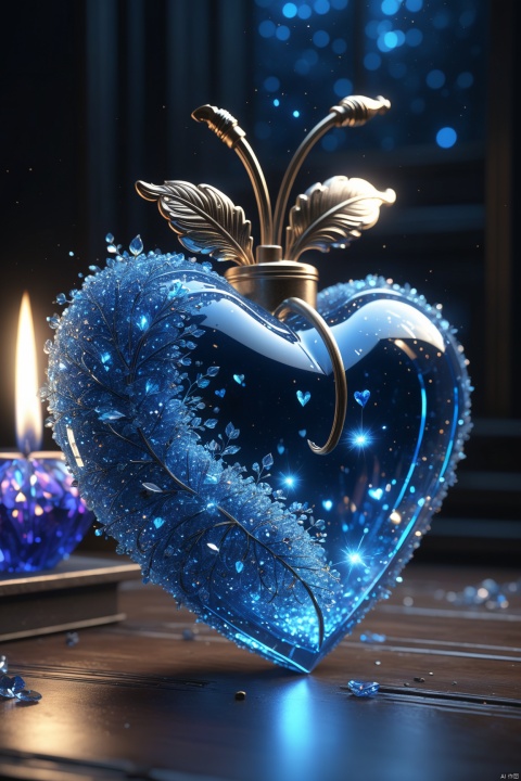  a heart made of crystal glass,blue fire filled with blue firefly,sparks,glitter,grainy,noisy,concept art,Unreal Engine,Post-Production,SFX,Art Station,detailed,intricate,maximalist,elegant,ornate,realistic.,