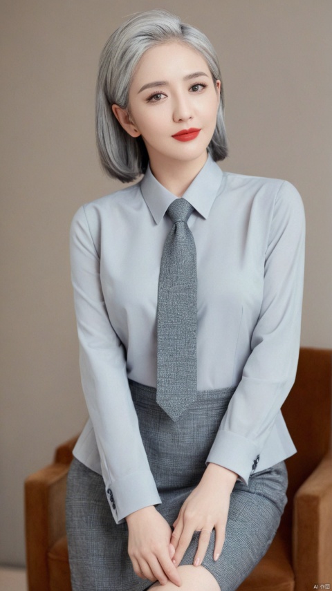  40-year-old slightly plump gray-haired female model,Clear facial features,Clear hair,full-body shot,Plump and plump,business attire,red lips,Heavy makeup,Stylish hairstyle,Become a god,Perfect body,High cooling temperament,8K HD photo,Ultra-clear portraits, ,tongliya