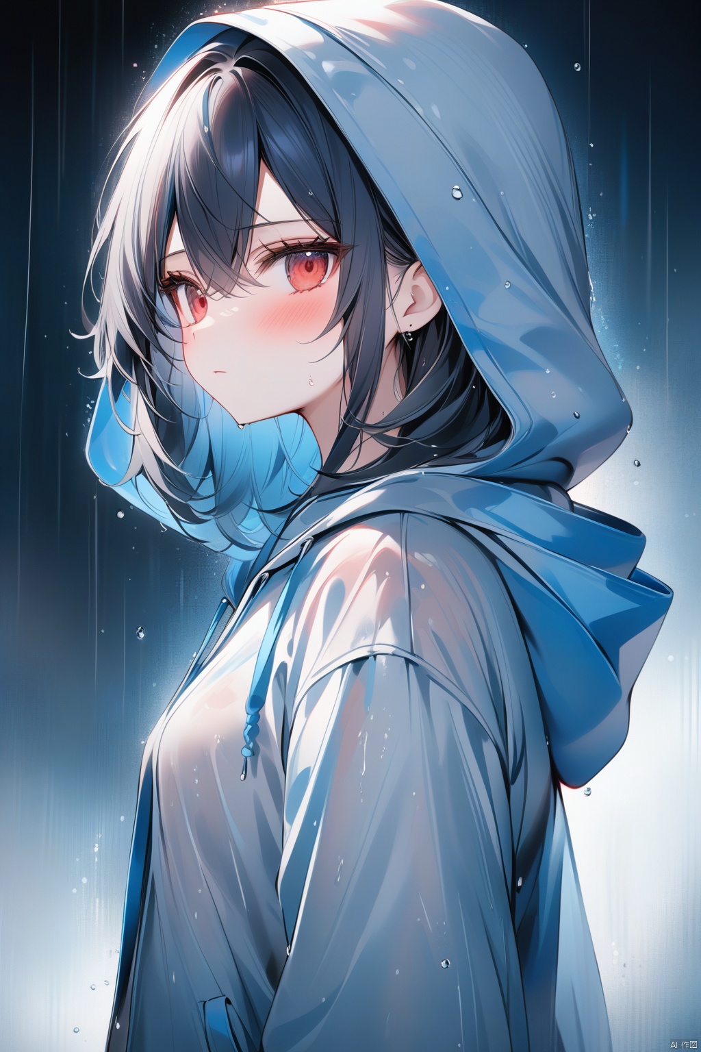  Best-A,masterpiece,best quality,high quality,best shadow,(colorful),[ru_zhai],[Artist miwano rag],[Artist chen bin],[Artist wlop],[Artist myush],black and blue theme,street,1girl,solo,red eyes,rain,looking at viewer,hood,little blush,upper body,bangs,from side,blue hair,wet hair,black hair,hood up,wet,closed mouth,looking to the side,medium hair,hoodie,jacket,grey background,hooded jacket,grey jacket,expressionless,short hair,dark blue hair,water drop,small breasts,wet clothes,grey hoodie,hair between eyes, tr mini style