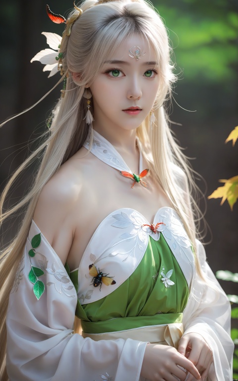  (masterpiece), (best quality), illustration, ultra detailed, hdr, Depth of field, (colorful), loli,1girl,solo,long hair,green eyes,blonde hair,hair ornament,bare shoulders,hanfu,breasts,dress,chinese clothes,white hair,upper body,leaf,bug,cleavage,white dress,