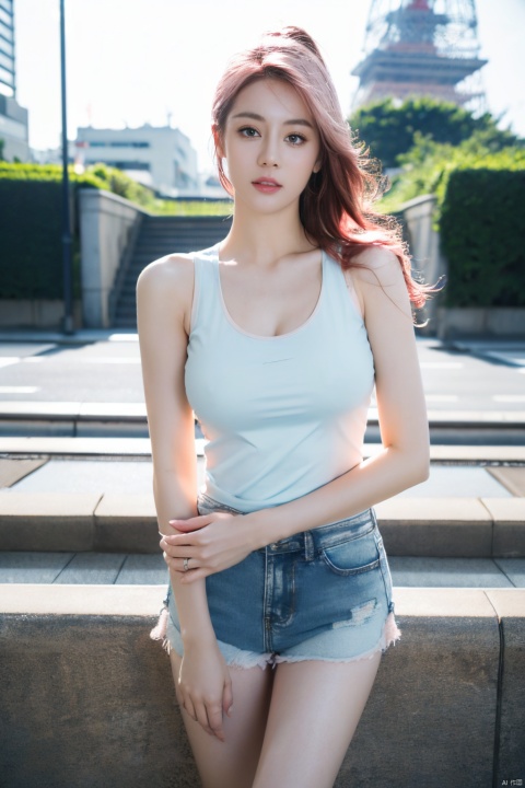  1 girl, (8k, original photo, best quality, Masterpiece: 1.3), (realistic, realistic: 1.37), (daytime), (Looking at the audience: 1.331), Posing, (Tokyo Tower:1.4), ((Daytime City View)), (Real city),((Clear background)), soft light, 1 girl, extremely beautiful face, ((Perfect lively breasts)), (Big boobs:1.5),(Bare cleavage:1.2), put down hands, random hairstyle, (Long light pink hair:1.5), random expression, big eyes, small belly,((((White short tank top)))), ((((Light blue denim short shorts)))), mix4, an extremely delicate and beautiful girl, beautiful face,beautiful eyes, beautiful girl, 8k wallpaper, (best quality: 1.12), (Detailed: 1.12), (Complex: 1.12), (Ultra Detailed: 1.12), (Advanced: 1.12), Ultra Detailed, Ultra Detailed, High Resolution Illustration, Color, 8k wallpaper, highres, Movie Light, Ray Tracing, (8k, Original photo, best Quality, Masterpiece, Ultra High, Ultra Detailed: 1.2), ((realistic, photo-realistic)),yuzu