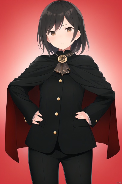  (masterpiece, best quality:1.2),patterned background, cowboy shot, solo, 1girl, ozen, expressionless, closed mouth, looking at viewer, hands on hips, black jacket, black cape, black pants