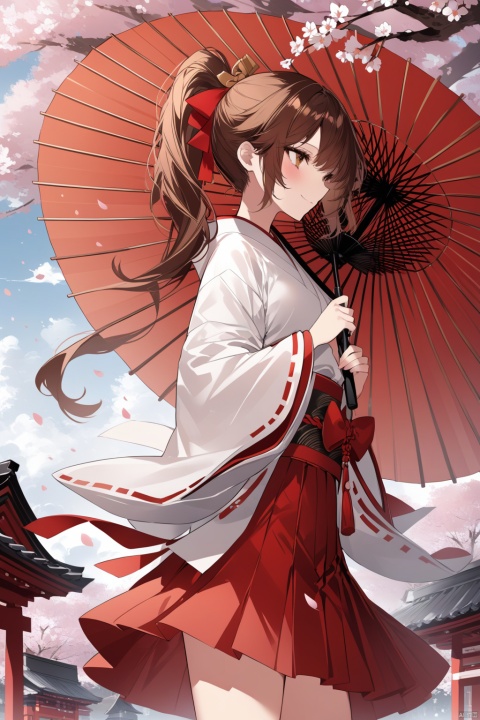  Best-A,[Artist onineko],[[Artist wlop]],illustration,masterpiece,best quality,high quality,best shadow,profile,from side,cowboy shot,day,outdoors,shrine,1girl,brown long hair,hair ribbon,bangs,sidelocks,ponytail with hair ornament,sash,tassel,brown eyes,standing,smile,looking away,closed mouth,hand up,japanese clothes,long sleeves,wide sleeves,miko,red hakama skirt,holding umbrella,oil-paper umbrella,paper lantern,falling petals,cherry blossoms,shimenawa,wind, tr mini style, 3DIP