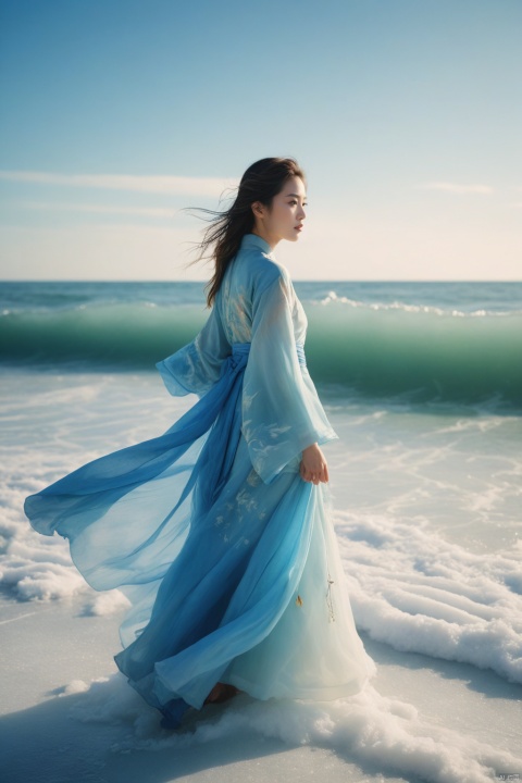 stunning Chinese woman,seafront,imperfect details,side shot,shot on Mamiya RZ,light leaks,lens flare,faded shadows,blue sea,
A Chinese fairy girl in blue Hanfu stands on the back of an ice and snow colored carp,with waves crashing around her. The background is a light sky blue and white clouds,creating a dreamy watercolor effect. The image has ultrahigh definition resolution and high definition quality with delicate details,bright colors,and gorgeous depicting her elegant movements in a mysterious atmosphere,
Dark and Moody photo by Elizabeth Gadd,shadows,cinematic,a sense of scale and narrative,ethereal scenes,peaceful solitude,stunning contrasts and shadow,introspection,gorgeous [Sasha Luss|Natalia Vodianova],cute,alluring,seductive,8k,Photography,super detailed,hyper realistic,masterpiece,Depth of field,Bright color,Super lightsensation,Caustic,