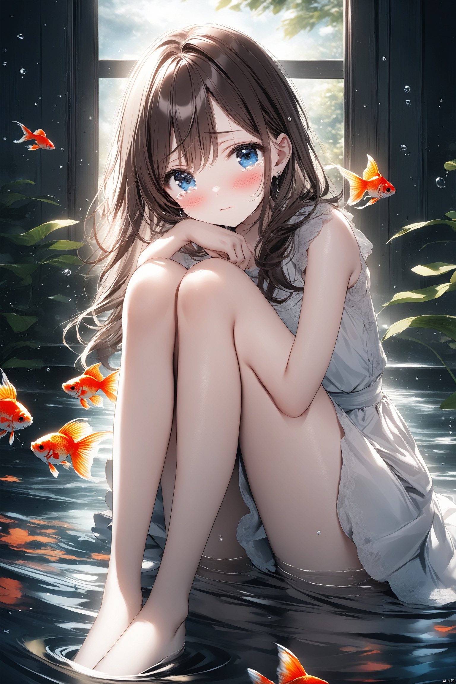  (masterpiece),(best quality),illustration,ultra detailed,hdr,Depth of field,(colorful),[Artist misumi (macaroni)],[iumu],[Artist chen bin], 1girl, solo, fish, blue eyes, barefoot, looking at viewer, long hair, sitting, blush, goldfish, knees up, dress, brown hair, white dress, water, tears, short sleeves, bag, window, full body, closed mouth, shirt, sleeveless, skirt