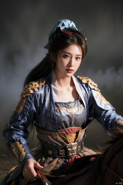  SGZ2, solo, 1girl,1girls,male focus,cowgirl,black armour,long hair, brown eyes, ponytail, serious face,horseback riding,Holding a long sword, looking to viewer,bangs,hero's armour