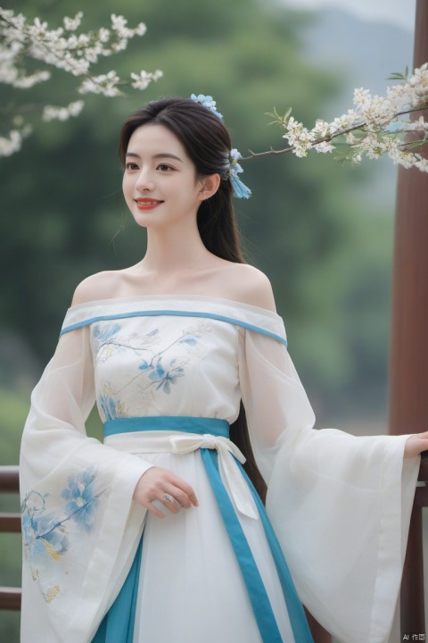  best quality, masterpiece,cowboy_shot,(Good structure),,a girl,xianjing,Off-the-shoulder, bust photo,upper body,Hanfu, Cloud, Smoke,branch,flower, smile,Gaze at the audience, Ink scattering_Chinese style, ((poakl)), ,looking_at_viewer,kind smile, , chinese dress,white dress, liuyifei,long_hair, Anne Hathaway