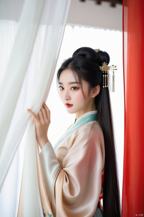 Chinese girl,Cover your face with simlebehind a silk curtain, frontview, half body short.exquisite clothing detail, (Long hair.),  Leave a lot of white space, zen,  graphic,Chinese ancient architecture, hanfu