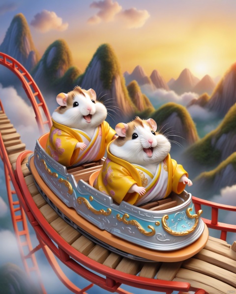  Huge
(best quality, realistic), Two hamster, Above the twisting mountain range, a roller coaster cuts through the sky like a dazzling silver track. Two hamster, dressed in vibrant Hanfu, joyfully sit on top of the coaster. Their eyes sparkle with excitement, their mouths curve into happy smiles