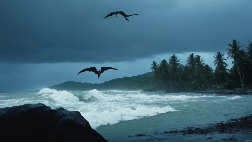  with a faint pterodactyl flight in the background and a tsunami in the background,DARK NIGHT , film, movie, BOSSTYLE