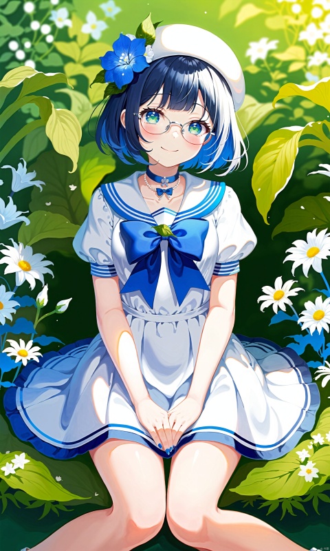  (masterpiece),(best quality),
artist mmd,[[artist AGM]],1girl,blue_bow,blue_choker,blue_flower,blue_nails,blue_ribbon,character_name,choker,copyright_name,daisy,dress,floral_background,flower,full_body,glasses,green_eyes,hat,holding,holding_flower,hydrangea,leaf,lily_\(flower\),lily_of_the_valley,lotus,morning_glory,plant,ribbon,sailor_collar,short_hair,short_sleeves,sitting,smile,solo,white_flower,white_headwear,