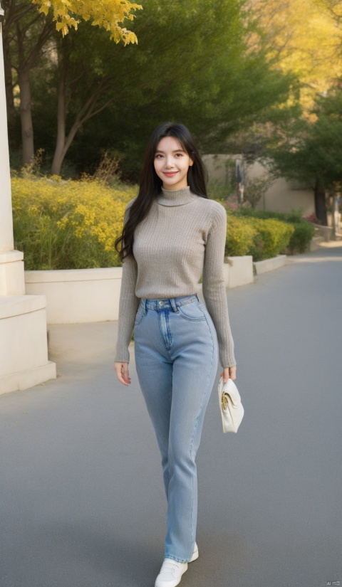  1girl, smiling,Realistic movie lighting,grey turtleneck sweater(((skindentation),(skin tight)),ultradetailed,8K,detailed face,photorealistic,1girl,long hair,solo,fullbody,complex background, look at the viewer, detailedbackground,sweating details,realistic, fullbody,long legs,real,Lacrimal nevus,realism, Delicate glowing skin,masterpiece,bestquality,distant view,depth of field,dynamic perspective,Perfectly proportioned figure,Detailed skin description, black jeans,street,daytime,good weather,Disneyland Park in the background, autumn yellow leaves