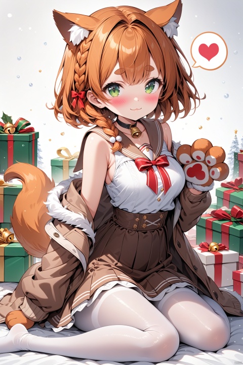  (masterpiece),(best quality),illustration,ultra detailed,hdr,Depth of field,(colorful),1girl, pantyhose, white pantyhose, animal ears, solo, gift, green eyes, bell, fur trim, white background, braid, breasts, sitting, no shoes, gift box, food, blush, frills, tail, looking at viewer, brown jacket, off shoulder, orange hair, thick eyebrows, box, simple background, heart, gloves, choker, jacket, closed mouth, neck bell, dress, sailor collar, brown skirt, medium breasts, brown sailor collar, long sleeves, short hair, bow, christmas, bare shoulders, brown dress, skirt, wariza, animal hands, candy, open clothes, full body, black choker, shirt, high-waist skirt, jingle bell, :3, hair intakes, spoken heart, white shirt, , , , , tr mini style, 3DIP,8k