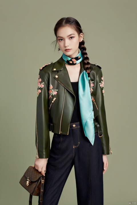  An edgy of a model with sleek ebony twin drill pigtails, kohl-rimmed aquamarine eyes staring intensely, dressed in a black Louis Vuitton motorcycle jacket with embroidered floral accents and silk scarf. Three-point lighting pops against the muted olive background, revealing fashion forward styling and lavish fabric textures.Chinese,cowboy_shot,lyf