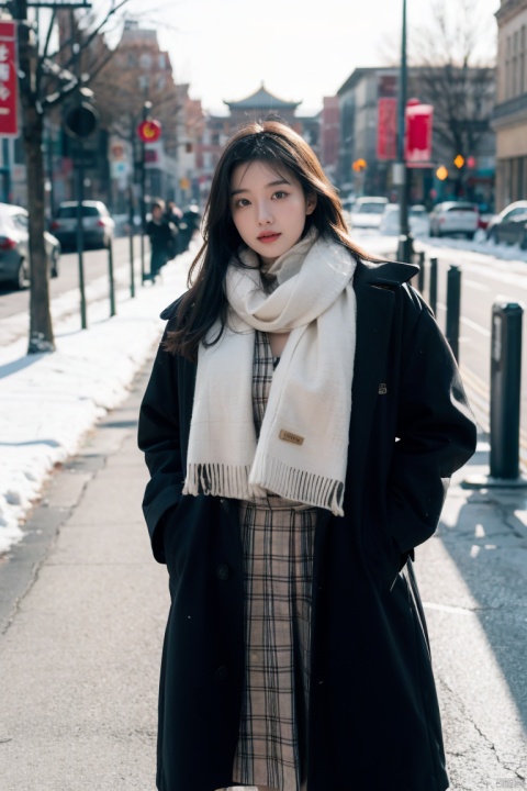  1girl,long hair, Winter clothing, college style,plaid skirt,full body,thick coat, cotton-padded jacket, plaid scarf, on the way home, snow, snow,outdoor,Master lens, golden ratio composition, (Canon 200mm f2.8L) shooting, large aperture, background blur., chinese woman,sunlight., plns, 1 girl