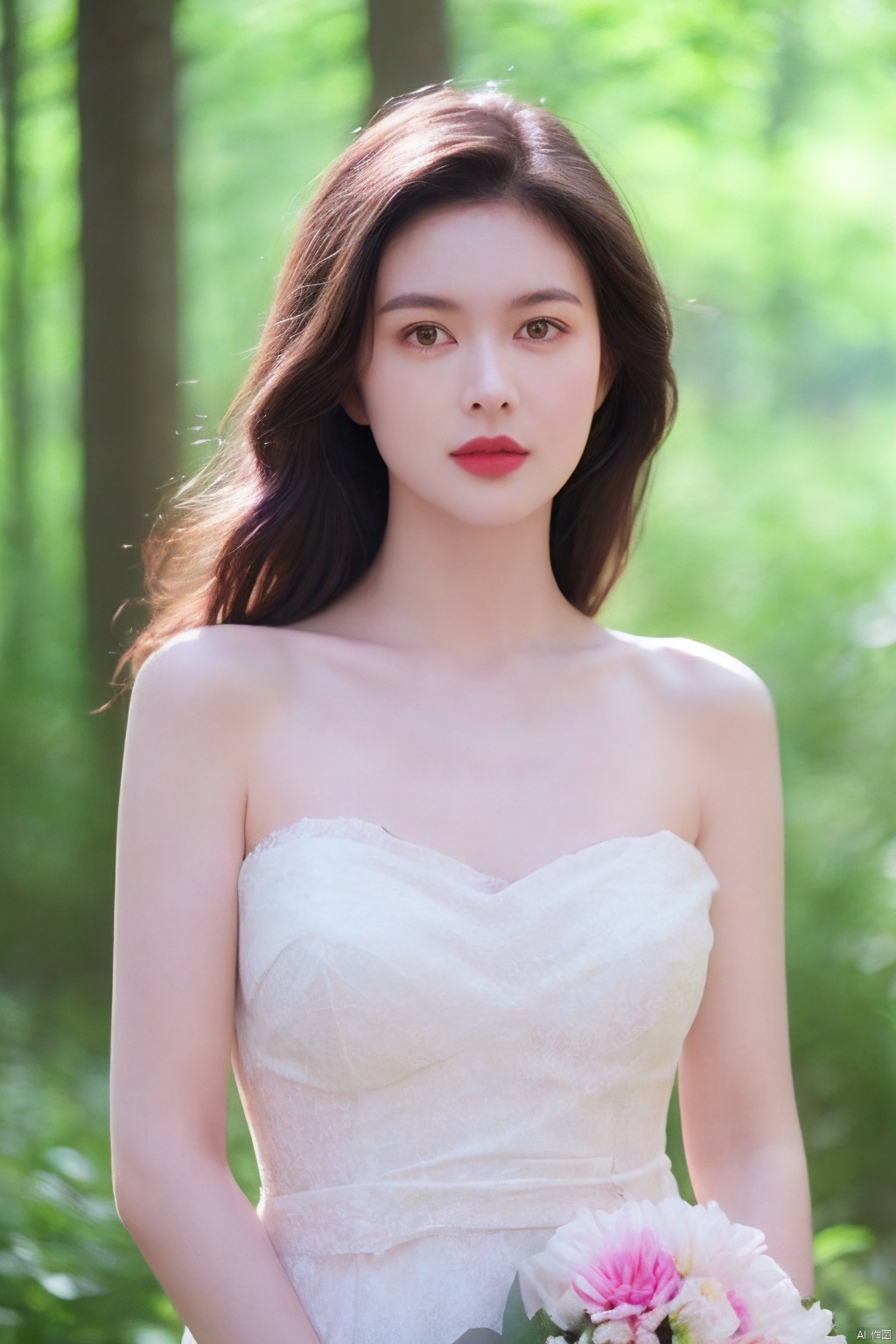  (realistic), (hyperrealism),best quality, masterpiece,ultra high res, (photorealistic:1.4),1girl,pale skin,skinny,(looking at viewer:2), ,forest, flowers, sunlight,
 , (tattered) wedding dress , bare shoulders, upper body,