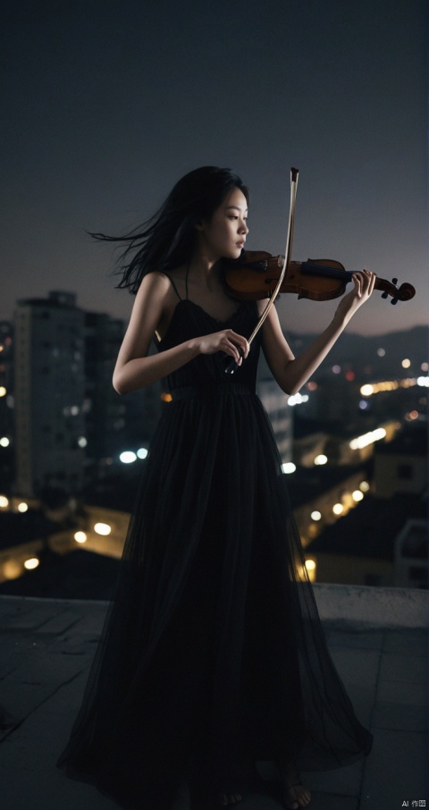  leogirl,a young girl playing the violin on the roof of a building,dark environment,in the dark,deep shadow,a very atmospheric scene,Chinese girl,slender figure,the evening breeze ruffled her hair,long black hair,blurry_foreground,depth of field,Raw photo,light through out from shadowmotion blur.Shaky Camera,flashy,dynamic posedreamy,wind,black theme,film grain,grainy,eyes closed,double exposure,tile shift,(upward perspective:1.3),(full body:1.3),flat roof,venerable roof,a cinematic atmosphere,triangular composition,(look up view:1.3),long black tulle dress,best quality,8k,hazy and beautiful,night,shoot from the bottom up,wide-angle lens,