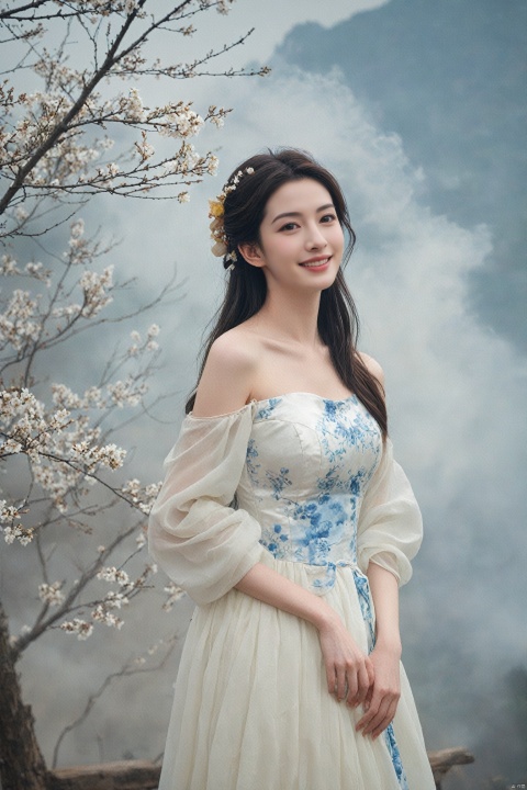  best quality, masterpiece,cowboy_shot,(Good structure),,a girl,xianjing,Off-the-shoulder, bust photo,upper body,Hanfu, Cloud, Smoke,branch,flower, smile,Gaze at the audience, Ink scattering_Chinese style, ((poakl)), ,looking_at_viewer,kind smile, , chinese dress,white dress, liuyifei,long_hair, Anne Hathaway