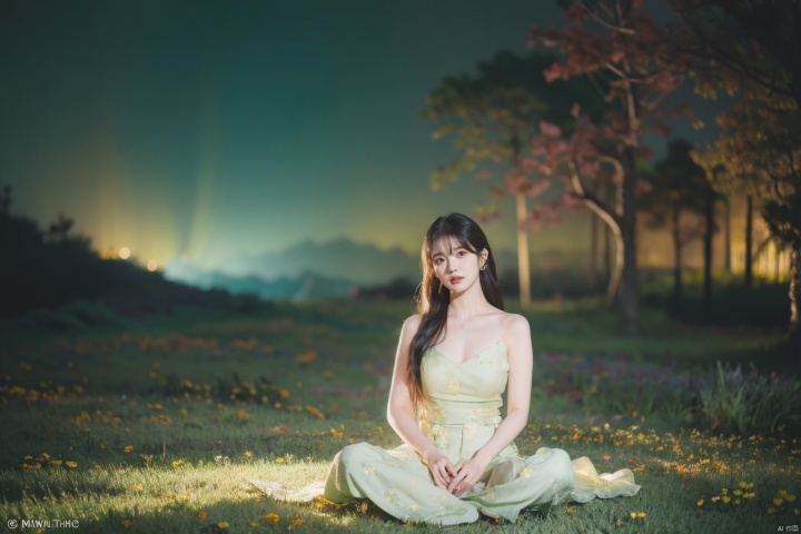  1girl, flower dress,cleavage,middle breastes, colorful, darl background,flower armor,green theme,exposure blend, medium shot, bokeh, (hdr:1.4), high contrast, (cinematic, teal and orange:0.85), (muted colors, dim colors, soothing tones:1.3), low saturation, 