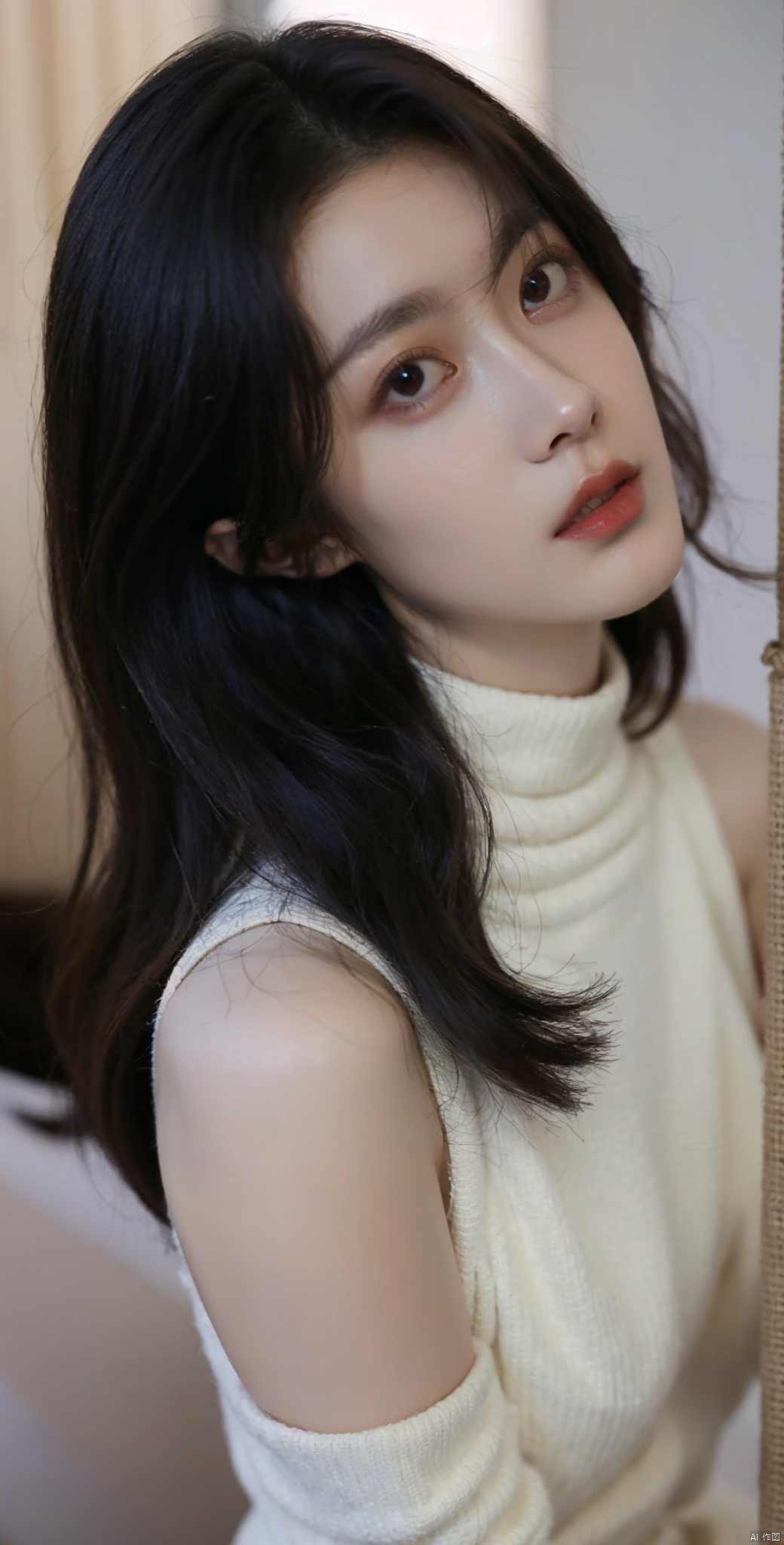  masterpiece, high quality, 8k uhd, realistic, perfect face, beautiful face, sweater, turtleneck, sleeveless, bare shoulder, gorgeous, gorgeous female, beautiful, perfect round breasts, charming, perfect female body, fancy lighting, perfect skin, soft skin