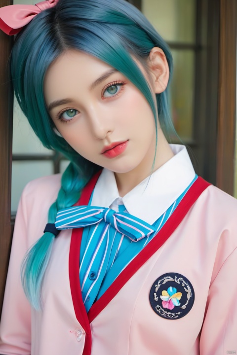  Long hair, light blue hair, pink streaks of hair, space bun hairstyle, flower hairpin, blue eyes, long-sleeve, button-up white shirt, a gray jacket with blue-green stripes, a red bow, dark blue-green pleated skirt, school background, add_detail:1, add_detail:0, add_detail:0.5, Dasha Taran