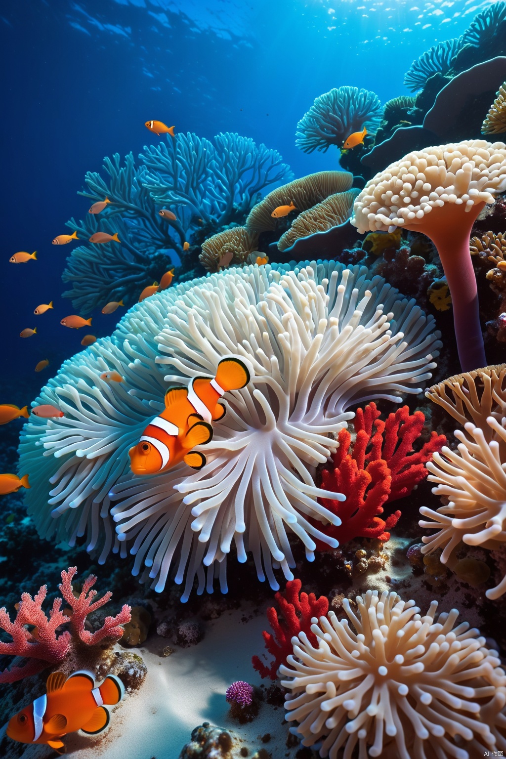  (Large underwater scene: 1.2), undersea mountains, (colorful coral reefs), nipple coral, sea anemone, white sand, depth of field, realism, 8k, high-precision details, undersea life, coral details, intricate details, (light and shadow: 1.2 ), Tyndall effect, (color), high brightness, charming and gorgeous underwater scenery, Australia&#39;s Great Barrier Reef, (undersea close-up: 1.2), undersea mountains, (colorful coral reefs), nipple coral, sea anemone, white sand, depth of field, realistic , 8k, High-precision details, Undersea life, Coral details, Intricate details, (Light and shadow: 1.2), Tyndall effect, (Color), High brightness, Stunning underwater scenery, Australia&#39;s Great Barrier Reef, Warm and cold contrast, Water surface Reflection, sea fish, sea shrimp, image impact, shocking underwater world, award-winning photography, masterpiece, light and shadow art, phosphorescent coral texture, gradient coral tentacles, red and blue gradient environment color, clown fish school,sss material,shadow