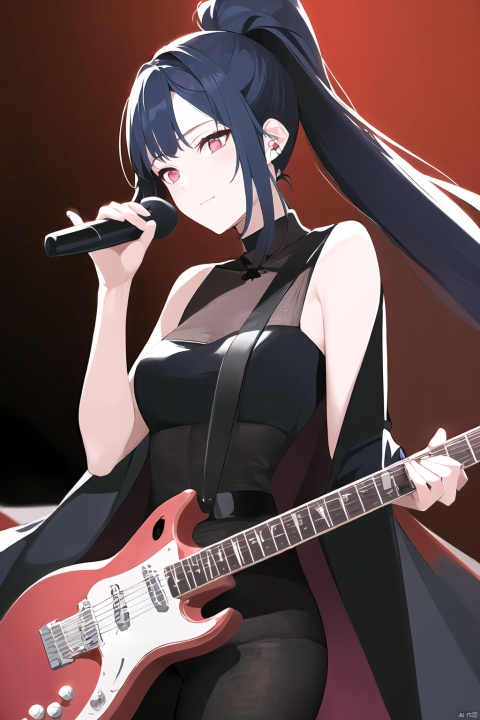  Rock girl, high ponytail, long pink-blue hair, very delicate, very beautiful, very high definition, full-length lens, passion, ((playing red guitar)) rich concert background, black background, cool lighting, master works., jijianchahua, (\shen ming shao nv\)
