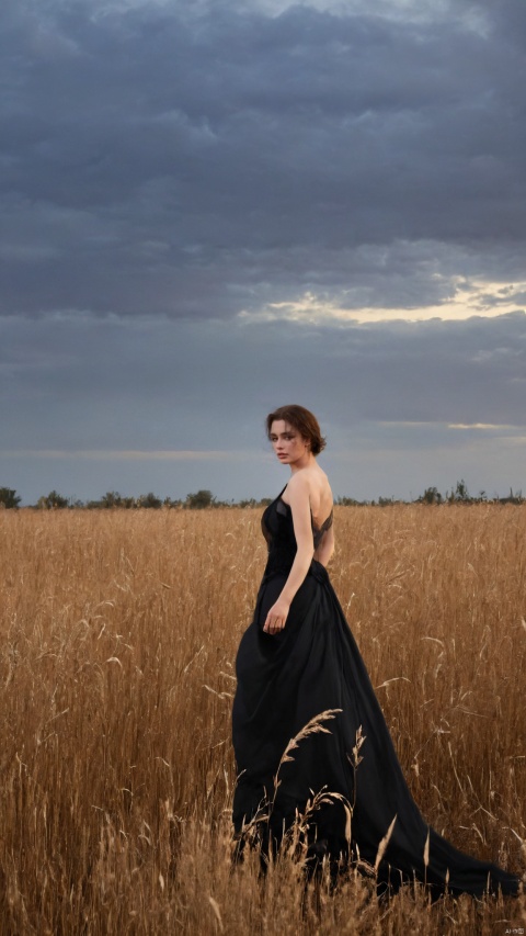  elegant woman in a black evening gown standing in a field, overcast sky, dusk, solitary and mysterious atmosphere, graceful yet melancholic posture, high-quality digital photography, soft lighting, outdoor, natural landscape, dramatic, emotional tension, best quality, ultra highres, original, extremely detailed, perfect lighting, Dasha Taran