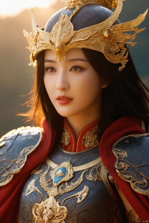  (masterpiece:1.1), (best quality:1.1),(ultra-detailed:1.1), realistic,best fingers,magnificent, epic,fantasy art, cover art, dreamy,cinematic,rich deep colors,creative, perfect, beautiful composition, intricate, perfect eyes, detailed a chinese girl, Large breasts, Chinese_armor, Women's armor,upper_body,helmet,shoulder_armor,looking at viewer,cloak, black hair,sunlight,cape,sunset, yaya