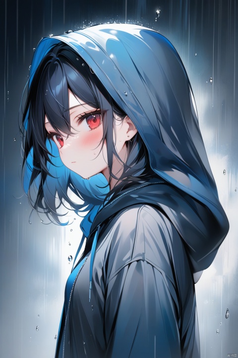  Best-A,masterpiece,best quality,high quality,best shadow,(colorful),[ru_zhai],[Artist miwano rag],[Artist chen bin],[Artist wlop],[Artist myush],black and blue theme,street,1girl,solo,red eyes,rain,looking at viewer,hood,little blush,upper body,bangs,from side,blue hair,wet hair,black hair,hood up,wet,closed mouth,looking to the side,medium hair,hoodie,jacket,grey background,hooded jacket,grey jacket,expressionless,short hair,dark blue hair,water drop,small breasts,wet clothes,grey hoodie,hair between eyes, tr mini style
