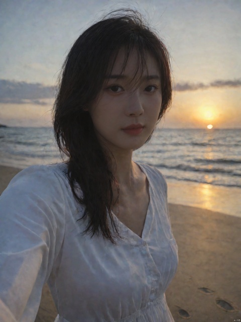 xxmix_girl,a woman takes a fisheye selfie on a beach at sunset, in sun dress, the wind blowing through her messy hair. The sea stretches out behind her, creating a stunning aesthetic and atmosphere with a rating of 1.2.,xxmix girl woman