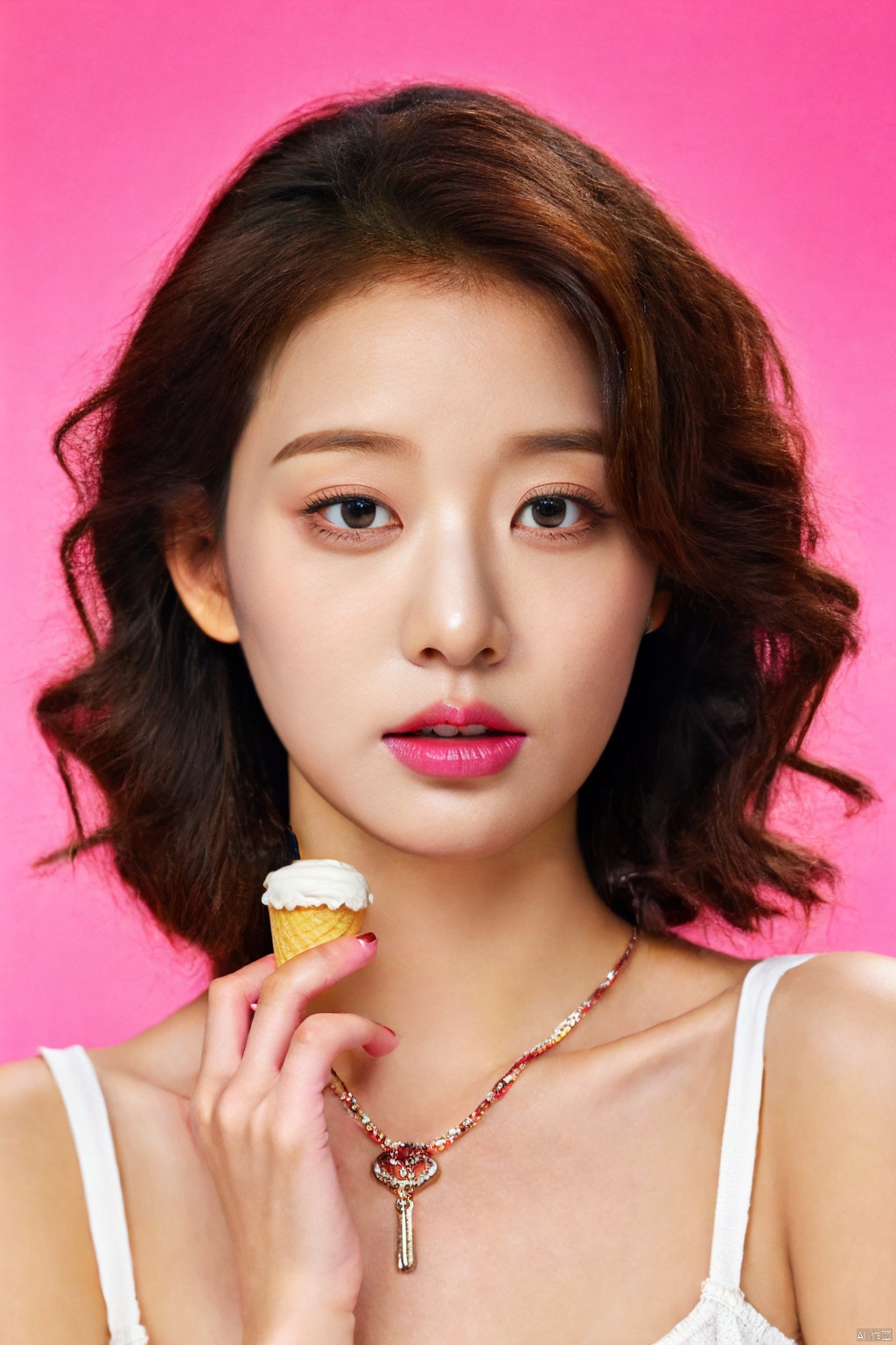  1girl, solo, looking at viewer, short hair, blue eyes, hair ornament, holding, jewelry, blue hair, collarbone, cowboy_shot, pink hair, multicolored hair, parted lips, food, artist name, necklace, nail polish, two-tone hair, lips, eyelashes, makeup, watermark, pink background, holding food, pink nails, eyeshadow, freckles, curly hair, ice cream, ice cream cone, mascara,candy , makeup , multicolored hair,lollipop, Asian girl, ((poakl)), (\shen ming shao nv\)