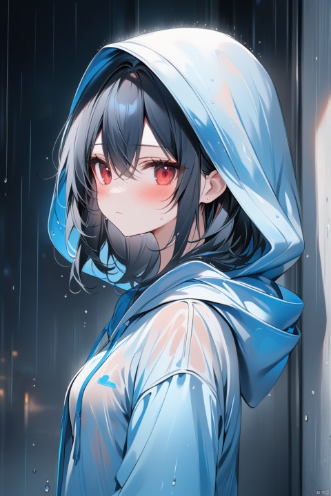  Best-A,masterpiece,best quality,high quality,best shadow,(colorful),[ru_zhai],[Artist miwano rag],[Artist chen bin],[Artist wlop],[Artist myush],black and blue theme,street,1girl,solo,red eyes,rain,looking at viewer,hood,little blush,upper body,bangs,from side,blue hair,wet hair,black hair,hood up,wet,closed mouth,looking to the side,medium hair,hoodie,jacket,grey background,hooded jacket,grey jacket,expressionless,short hair,dark blue hair,water drop,small breasts,wet clothes,grey hoodie,hair between eyes, tr mini style