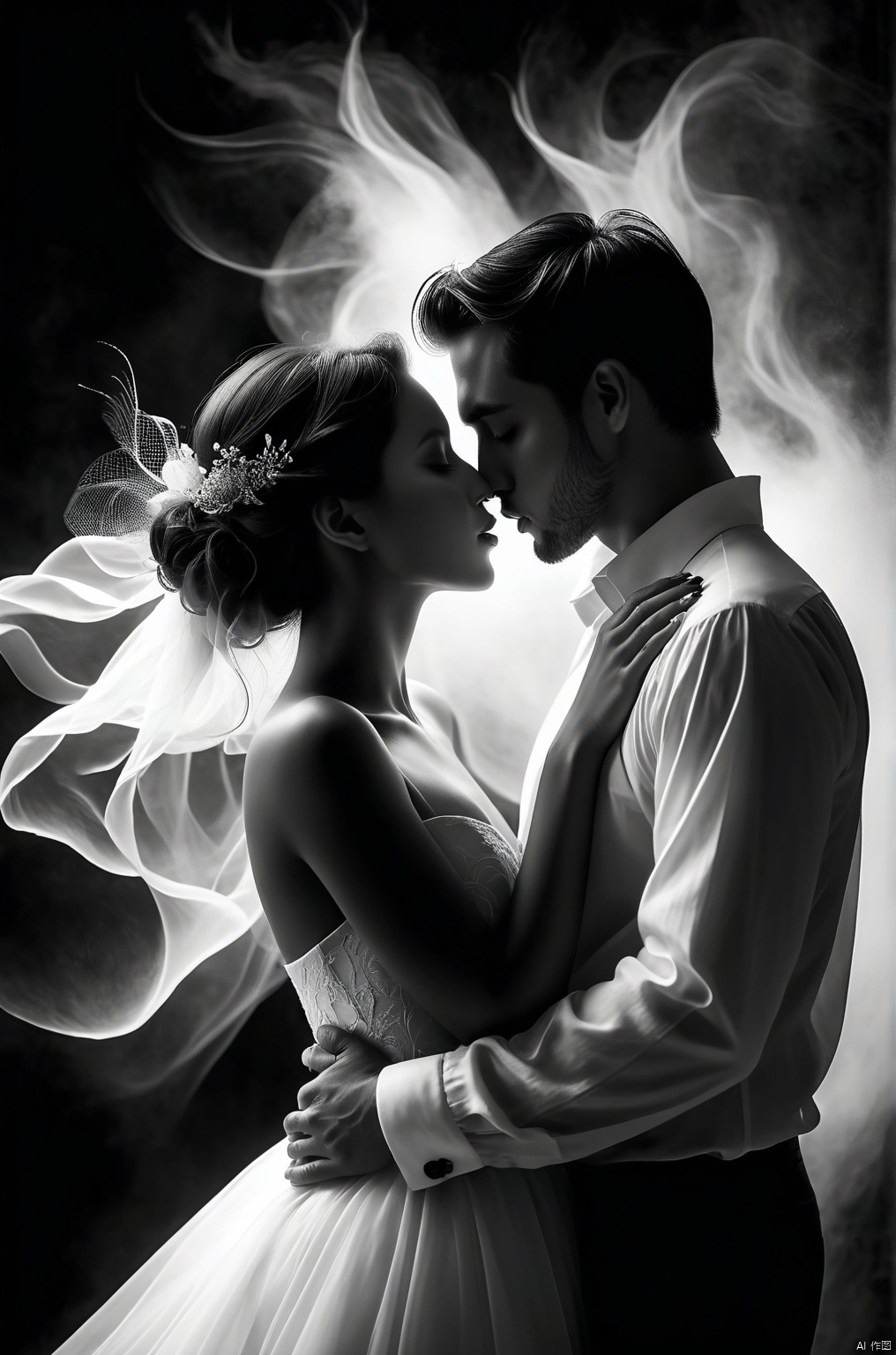 A couple embraced and kissed,  a sense of artdesign, ethereal phantom, lifelike,black and white tones,