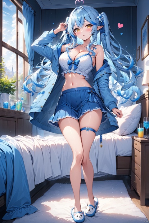  (masterpiece),(best quality),illustration,ultra detailed,hdr,Depth of field,(colorful),best quality, Artist rin yuu, 1girl, solo, slippers, long hair, breasts, yukihana lamy, camisole, large breasts, heart, ahoge, skirt, blue hair, virtual youtuber, looking at viewer, yellow eyes, thigh strap, full body, navel, blush, frills, pointy ears, blue skirt, cleavage, twintails, cup, hair ornament, arm up, heart ahoge, open clothes, standing, midriff, pillow, long sleeves, drinking glass, pajamas, blue theme, jacket, ribbon, streaked hair, hair ribbon, window, multicolored hair, parted lips, tr mini style, 3DIP