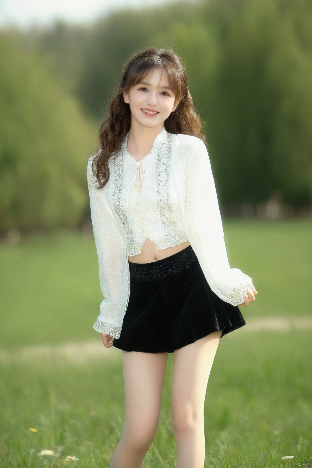 Best quality,HDR,ultra high definition,8K,vivid colors,solo,photo _,(1 girl:1.3),big chest,fair skin,happy smile,brown hair,long hair,wavy curls,air bangs (standing: 1.3) (looking at the audience:1.4),elegant,detailed and gorgeous face,(full body shot:1.2),morning,(grass background:1.2) black eyes,sunlight,mottled sunlight,edge light,sparkling,white clothes,Chinese clothes,short skirts,in spring,cirrus,sky,day,in a meadow,nature,huge filesize,1girl,****, yaya