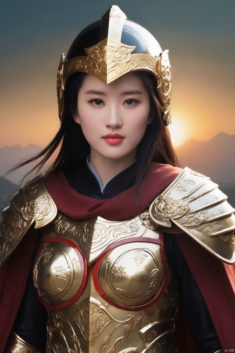  (masterpiece:1.1), (best quality:1.1),(ultra-detailed:1.1), realistic,best fingers,magnificent, epic,fantasy art, cover art, dreamy,cinematic,rich deep colors,creative, perfect, beautiful composition, intricate, perfect eyes, detailed a chinese girl, Large breasts, Chinese_armor, Women's armor,upper_body,helmet,shoulder_armor,looking at viewer,cloak, black hair,sunlight,cape,sunset,liuyifei