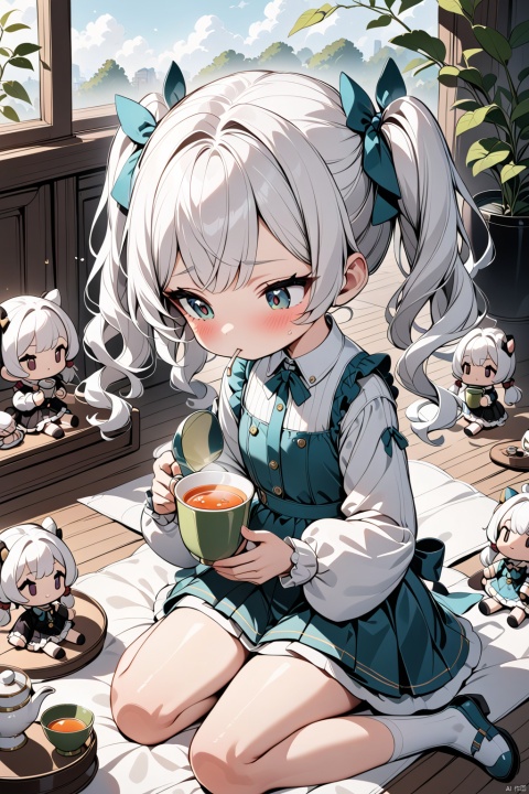  White haired girl with double ponytails drinking tea, best quality,solo, 3DIP, tr mini style, Sewing doll