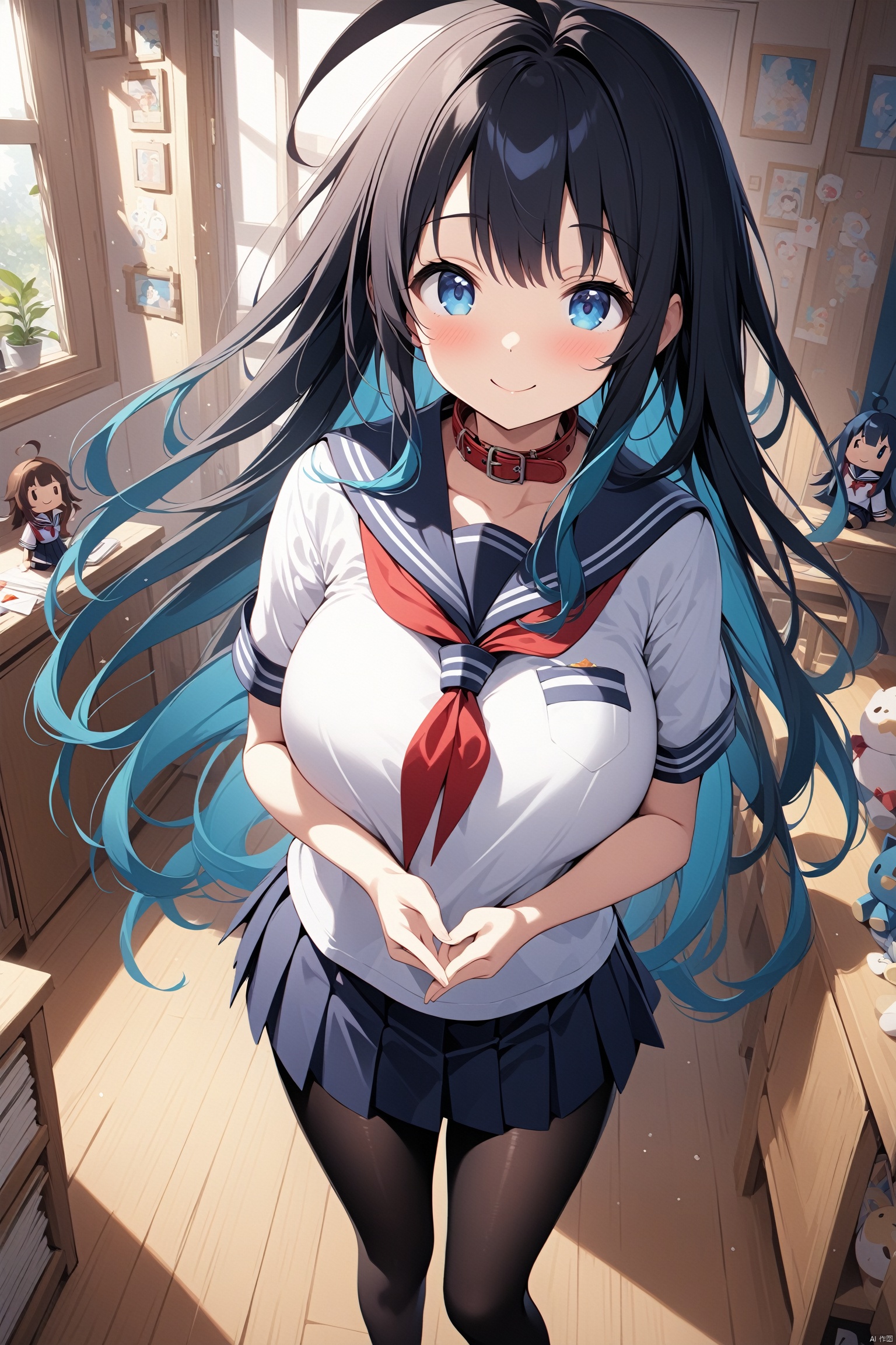  {{large masterpiece}}, stunning art, best quality, highres, extremely and beautiful detailed, extremely detailed CG unity 8k wallpaper, happy, 
\n, \n, indoors, 1girl, Fuuka_Sasaki, blue eyes, ahoge, black hair, extremely long hair, ((serafuku)), school uniform, collar, short sleeves, standing, huge breasts, black stockings, smile, closed mouth, :s, own_hands together, background, 3DIP, tr mini style, Sewing doll, Illustration