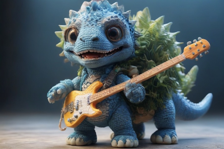  Surreality, a blue Tyrannosaurus Rex, (cute, wearing sunglasses), holding a concert, (playing lute, punk attire), rock music, 3D, C4D, smooth surface, exquisite details, mixed style, Sewing doll, 3DIP