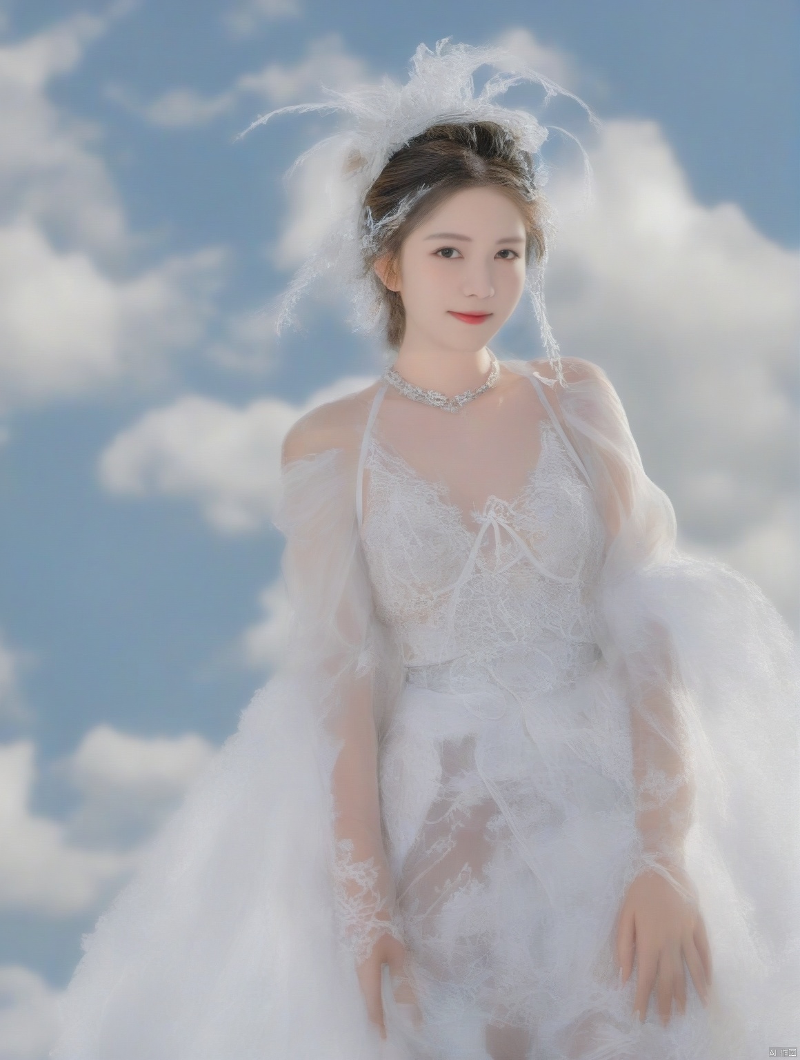  Realistic, masterpiece, highest quality, high resolution, extreme details, 1 girl, solo, bun, headdress, delicate eyes, beautiful face, shallow smile, delicate necklace, suspender dress, white lace dress, light gauze, snow-white skin, delicate skin texture, silver bracelet, pantyhose, high heels, elegant standing, outdoor, blue sky, white clouds, flowers, flowers, grass, movie light, light, light tracking, (Nikon AF-S 105mm f / 1.4E ED),