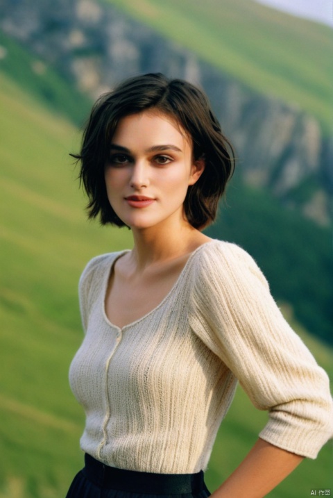 beautiful girl standing with beautiful vally in background, age 20, black short hair, waist shot, dynamic pose, smiling, dressed in fashion outfit, beautiful eyes, sweet makeup, 35mm lens, beautiful lighting, photorealistic, soft focus, kodak portra 800, 8k, , Keira Knightley