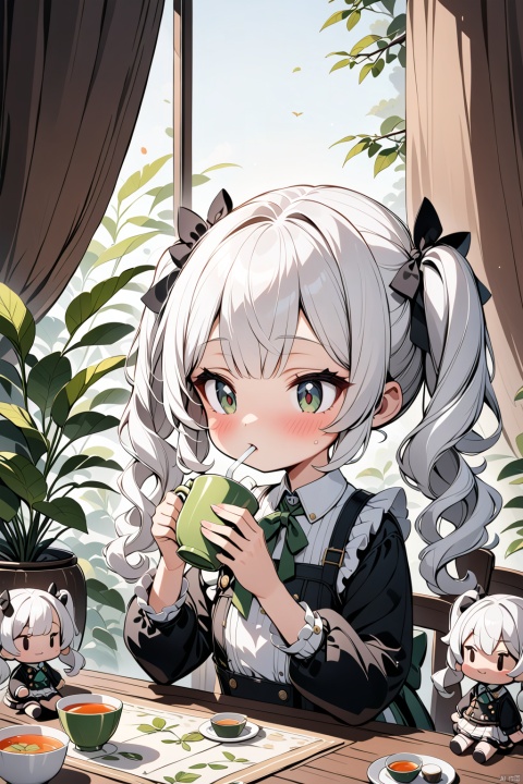  White haired girl with double ponytails drinking tea, best quality,solo, 3DIP, tr mini style, Sewing doll