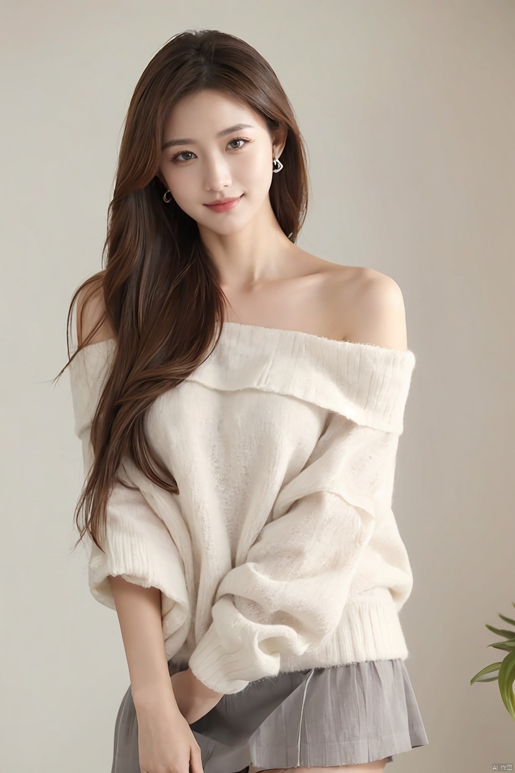  1 girl, single, long hair, looking at the audience, smiling, simple background, brown hair, short skirt, off shoulder skirt, wall background, cool toned environment, brown eyes, closed mouth, upper body, half body, up close, close-up, lips, white clothes, plant patterns, realistic, realistic shooting, ultra-high definition, high-resolution, high-quality, linzhiling