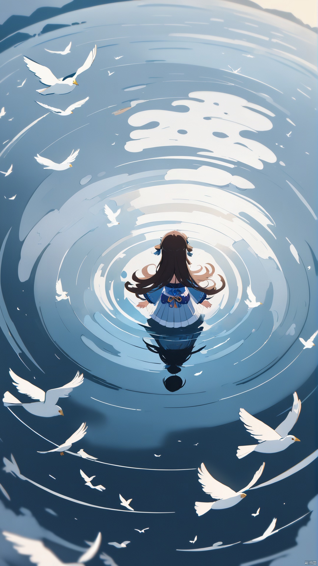  1girl, brown hair, long hair, closed eyes, (above ground), (water surface, reflection, surrounded by white birds), ((from above)), blurry, (full body, wide shot, panorama), (grey background), (shining, fog), xiqing, tr mini style, 3DIP, Sewing doll