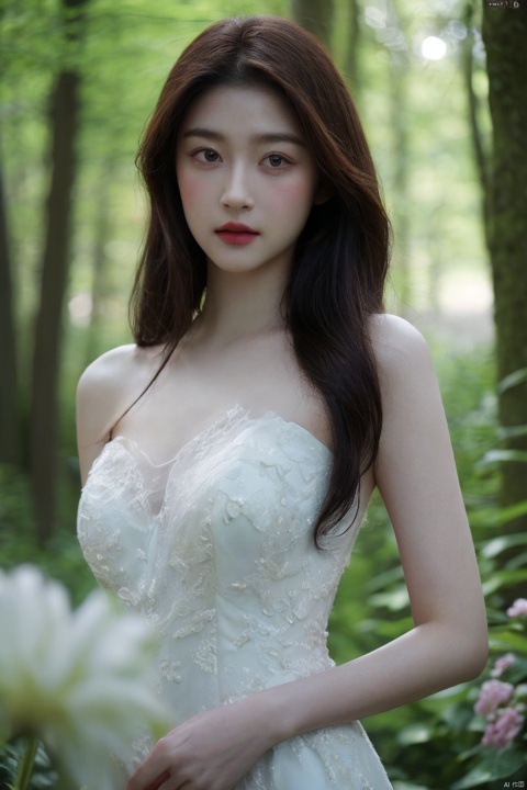  (realistic), (hyperrealism),best quality, masterpiece,ultra high res, (photorealistic:1.4),1girl,pale skin,skinny,(looking at viewer:2), ,forest, flowers, sunlight,
 , (tattered) wedding dress , bare shoulders, upper body,