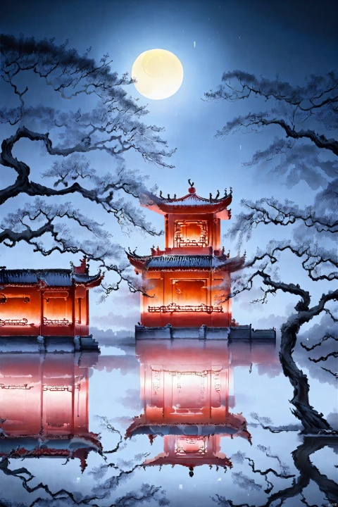  jingjing, no humans, tree, moon, full moon, architecture, bare tree, reflection, east asian architecture, scenery, night, outdoors, sky,