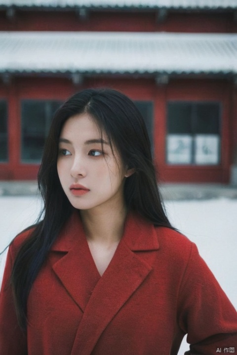  masterpiece, best quality, official art, model sheet, concept art, chinese girls, Large aperture, blurry background,(Perfect female body:1.2),(dark theme:1.3),(natural Skin texture, high clarity) ,eyes looking at viewer, a girl is standing in the snow, wearing a red coat, a white scarf, a brown sweater, and white gloves,in front of a school building, red wool hat,