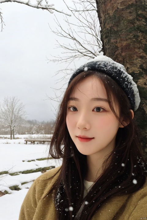 1girl,cute face,snow,winter,forest,snowing,nature,long_hair,pine_tree,outdoors,against_tree,